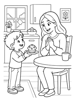 Free printable Boy Serving Muffin To Mother coloring page