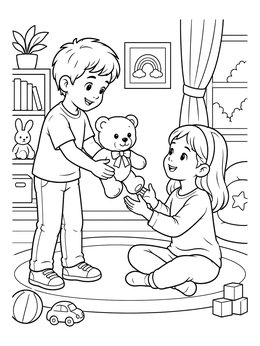Boy Sharing Teddy Bear with Girl coloring page