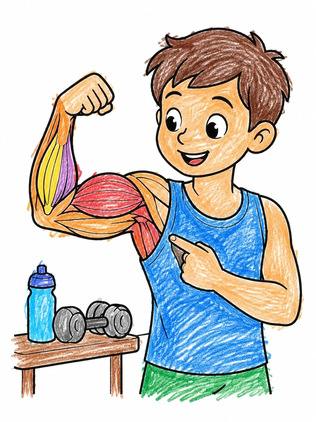 Colored example of the Boy Showing Arm Muscle Anatomy coloring page