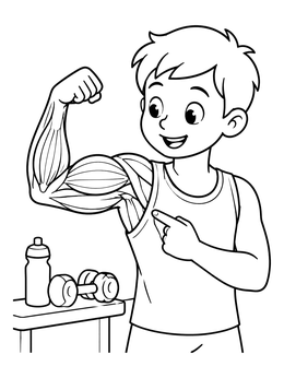 Free printable Boy Showing Arm Muscle Anatomy coloring page