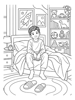 A young boy sits on his bed coloring page surrounded by toys and bedroom decor.