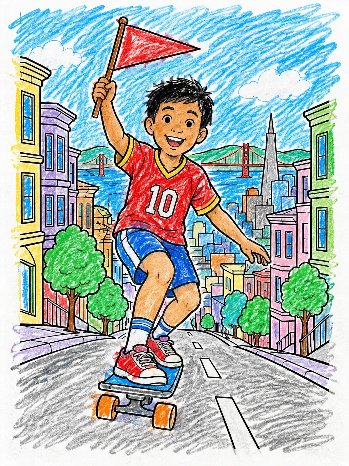 Colored example of the Boy Skateboarding Down San Francisco Hill coloring page