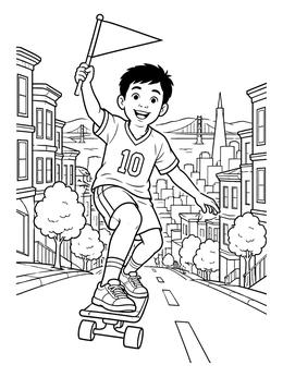 A cheerful boy rides a skateboard holding a pennant in this san francisco coloring page.