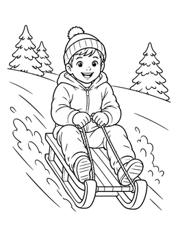A cheerful boy zooms downhill on a sled in this sledding coloring page.