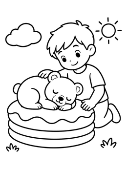 Free printable Boy Petting Sleeping Bear On Pancakes coloring page