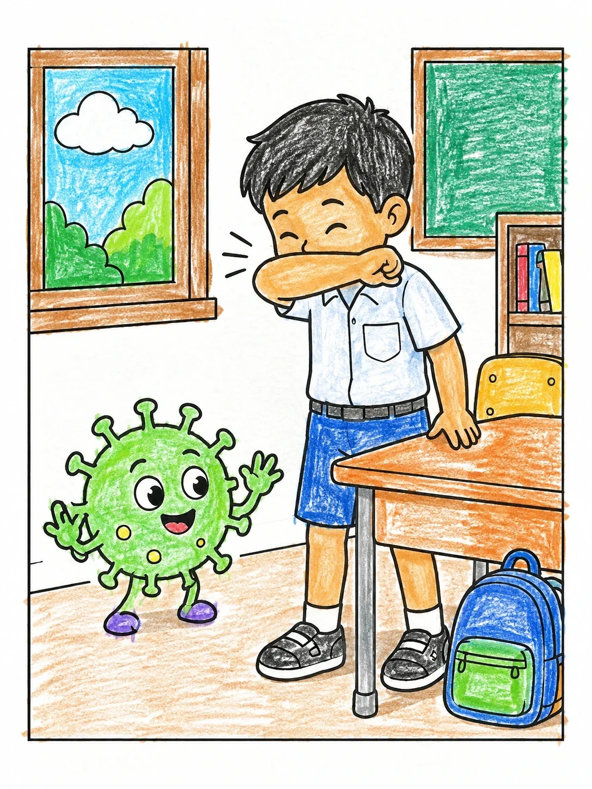 Colored example of the Boy Sneezing Into Elbow Beside Desk coloring page