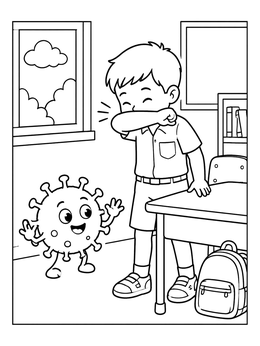 A cheerful germ coloring page showing a boy sneezing into his elbow next to a classroom desk.