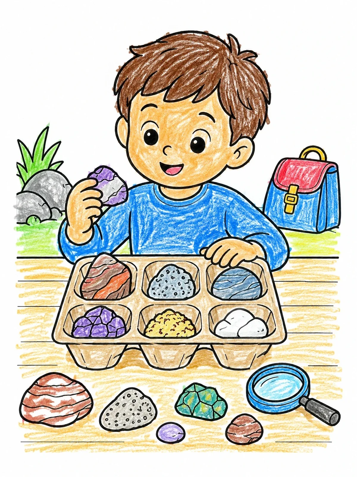 Colored example of the Boy Sorting Rocks Into Tray coloring page