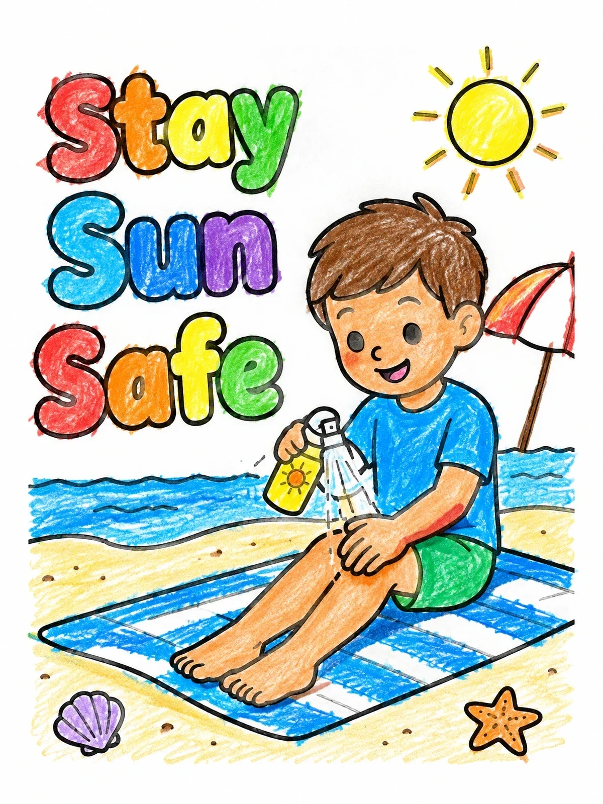 Colored example of the Boy Spraying Sunscreen On Beach coloring page