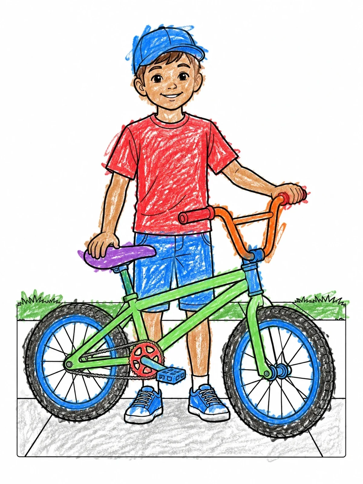 Colored example of the Boy Standing With Bmx Bike coloring page