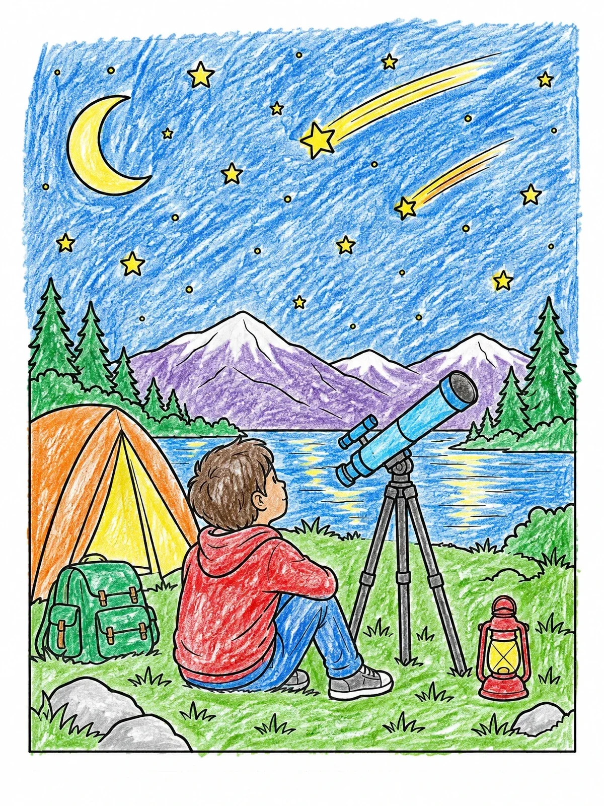 Colored example of the Boy Stargazing By The Mountain Lake coloring page