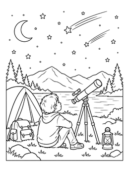 A young camper stargazing beside a tent and telescope in this shooting stars coloring page.