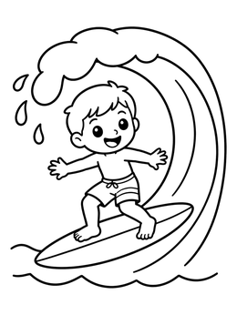 Free printable Boy Surfing A Curving Ocean Wave coloring page