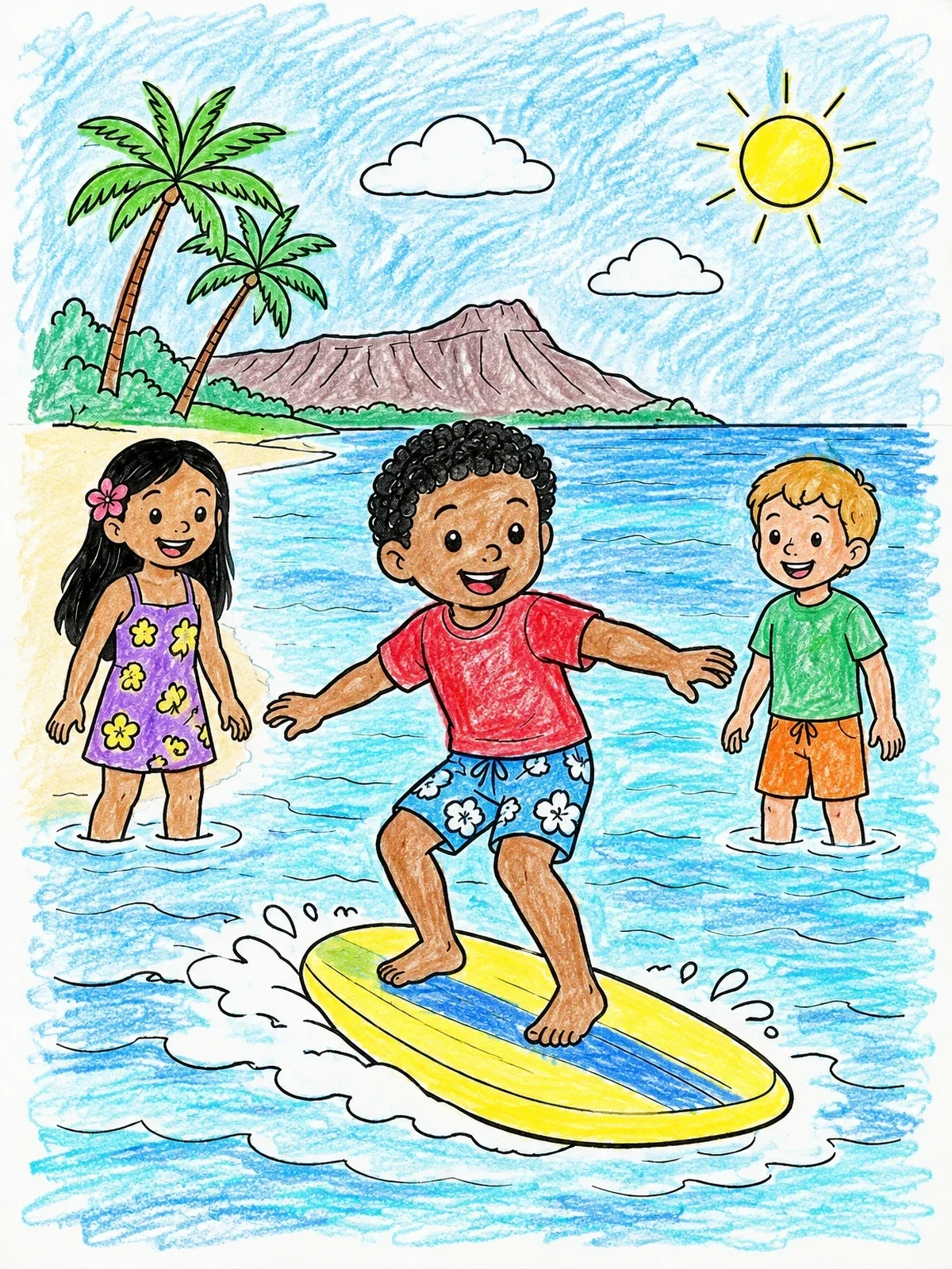 Colored example of the Boy Surfing With Friends In Hawaii coloring page