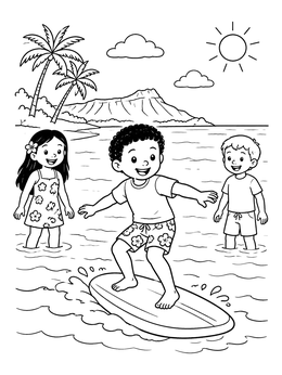 Free printable Boy Surfing With Friends In Hawaii coloring page