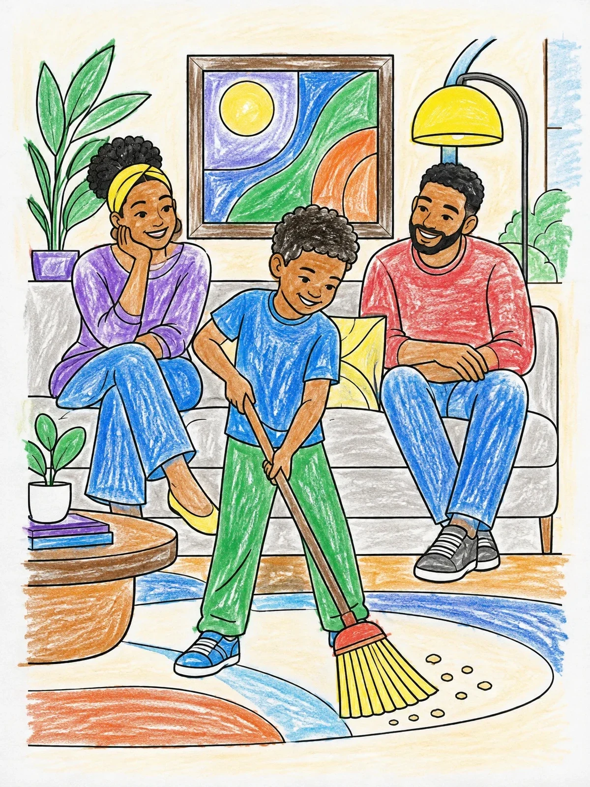 Colored example of the Boy Helping Parents With Chores coloring page