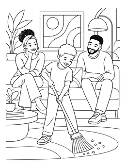 A young boy sweeps the floor while his smiling parents watch in this parents coloring page.