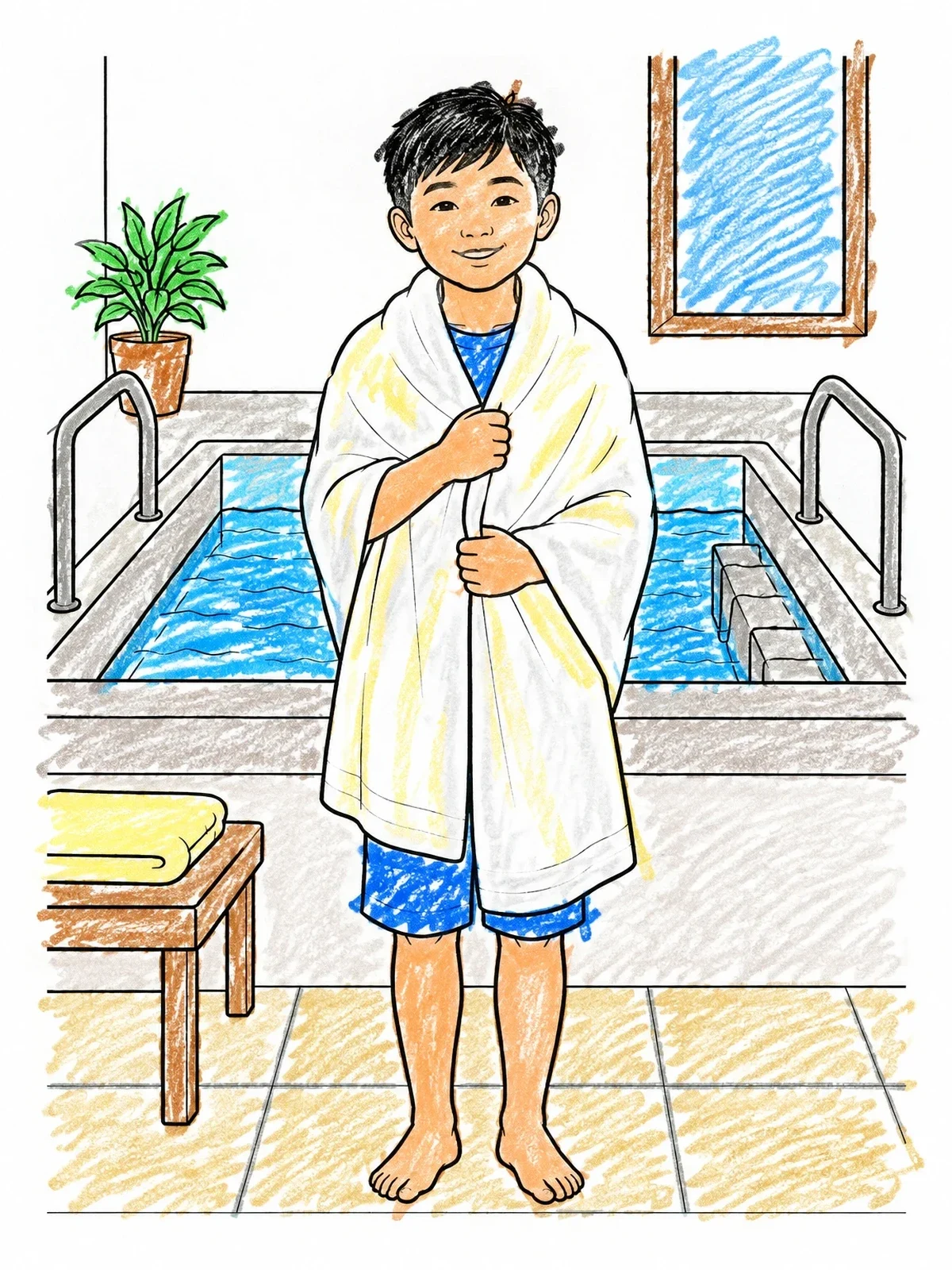 Colored example of the Boy With Towel By Baptism Pool coloring page