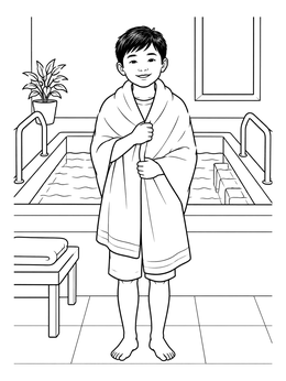 A smiling boy in a towel stands near the water in this baptism coloring page.