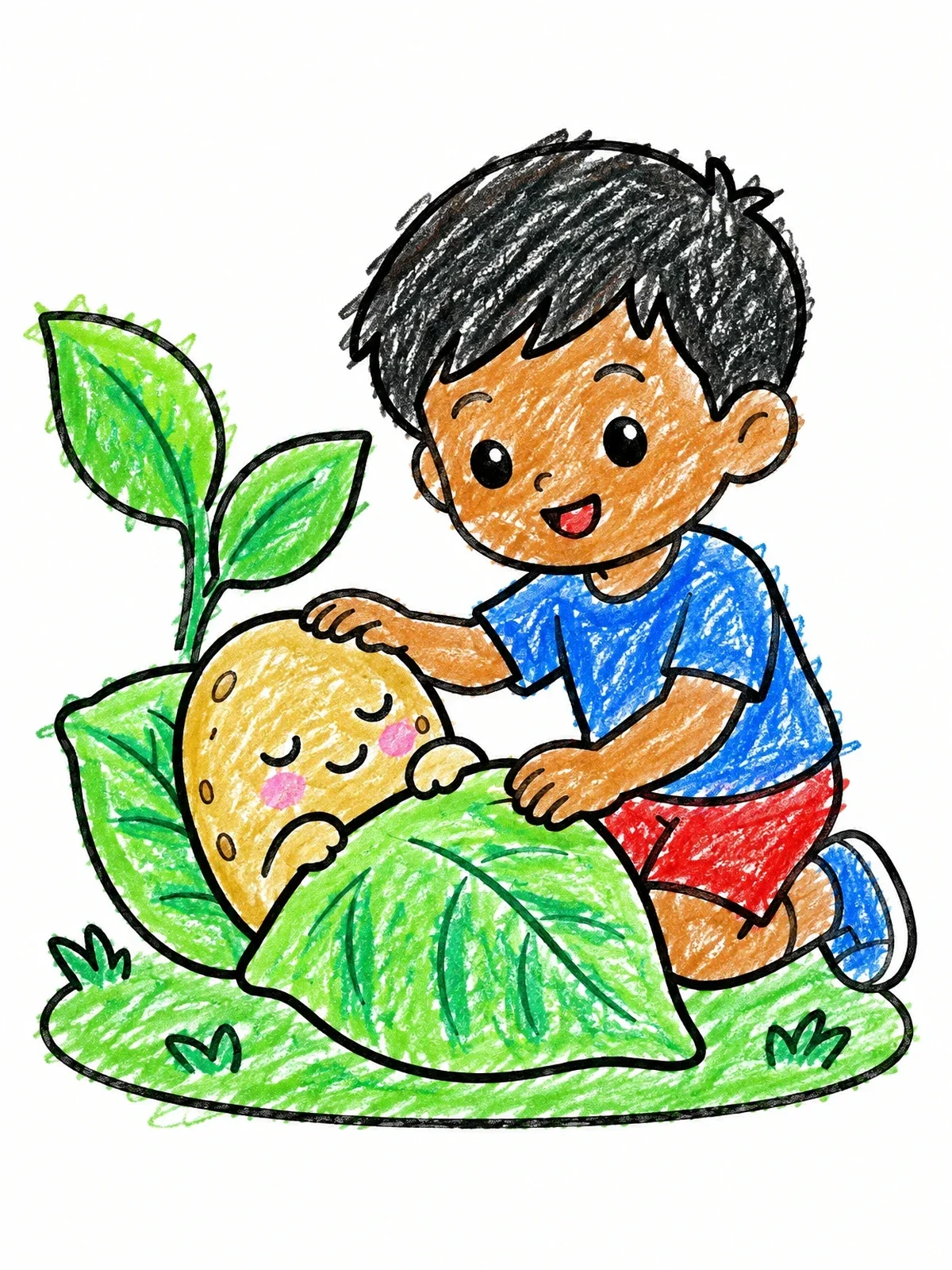 Colored example of the Boy Tucking In Baby Potato coloring page