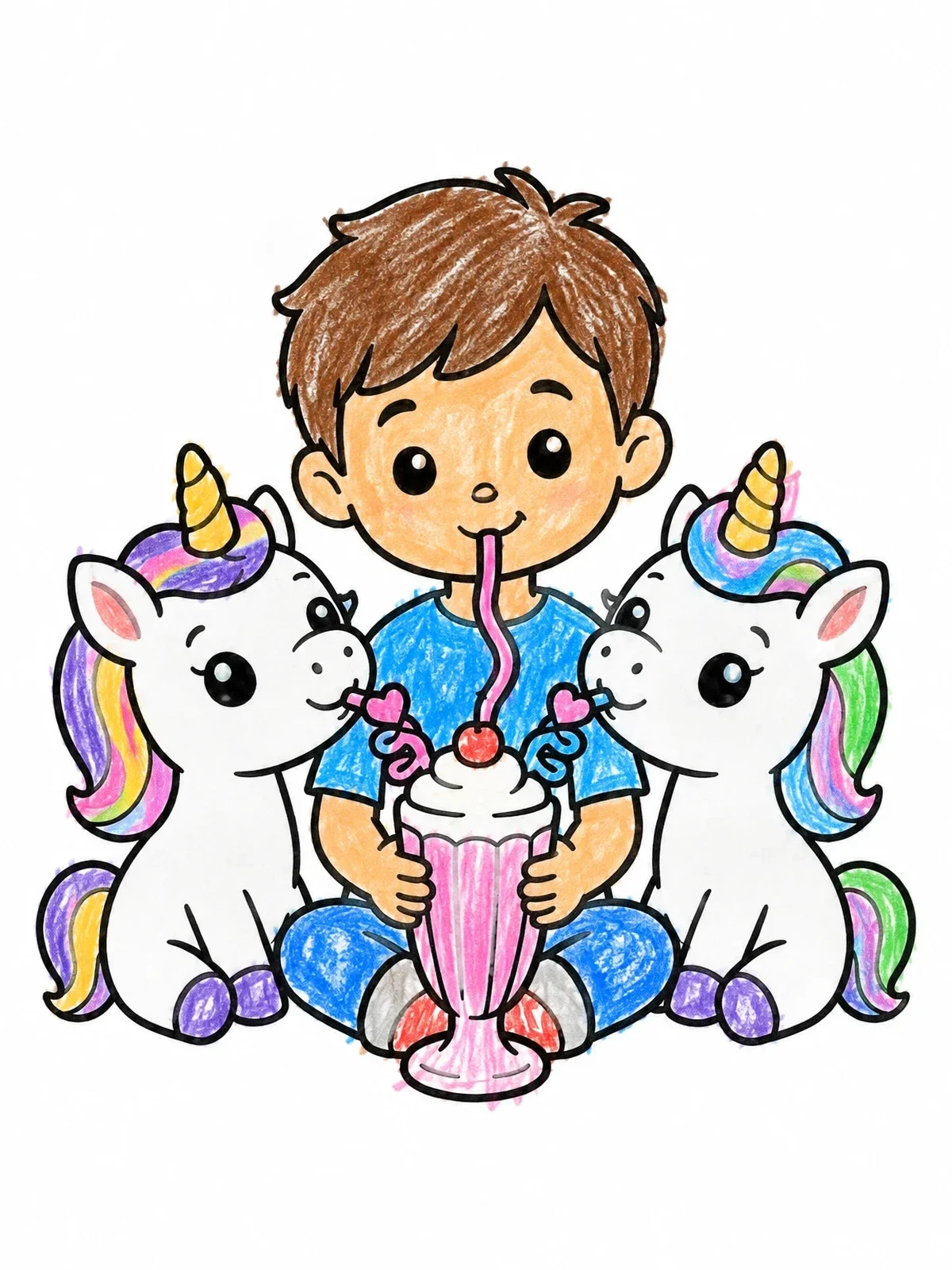 Colored example of the Boy And Unicorns Sharing Milkshake coloring page
