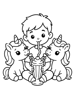 Free printable Boy And Unicorns Sharing Milkshake coloring page