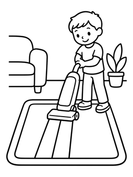 A cheerful boy uses an upright vacuum on a rug coloring page in a cozy room.