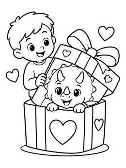 Free printable Boy Opening Dinosaur Valentine Gift coloring page
