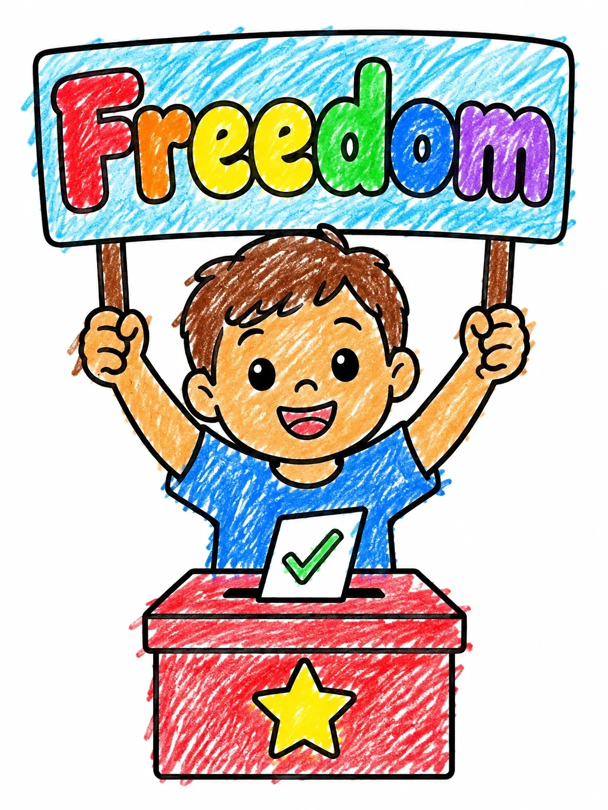 Colored example of the Boy Voting With Freedom Sign coloring page