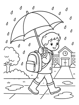 Free printable Boy Walking To School In The Rain coloring page