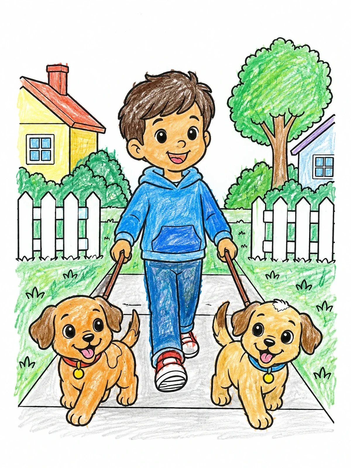 Colored example of the Boy Walking Two Puppies coloring page