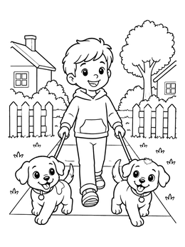 Free printable Boy Walking Two Puppies coloring page