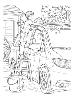 Free printable Boy Washing Car On Stool coloring page