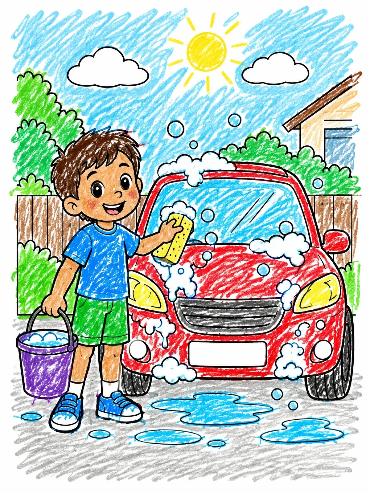Colored example of the Boy Washing Family Car Outside coloring page