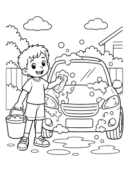 Free printable Boy Washing Family Car Outside coloring page