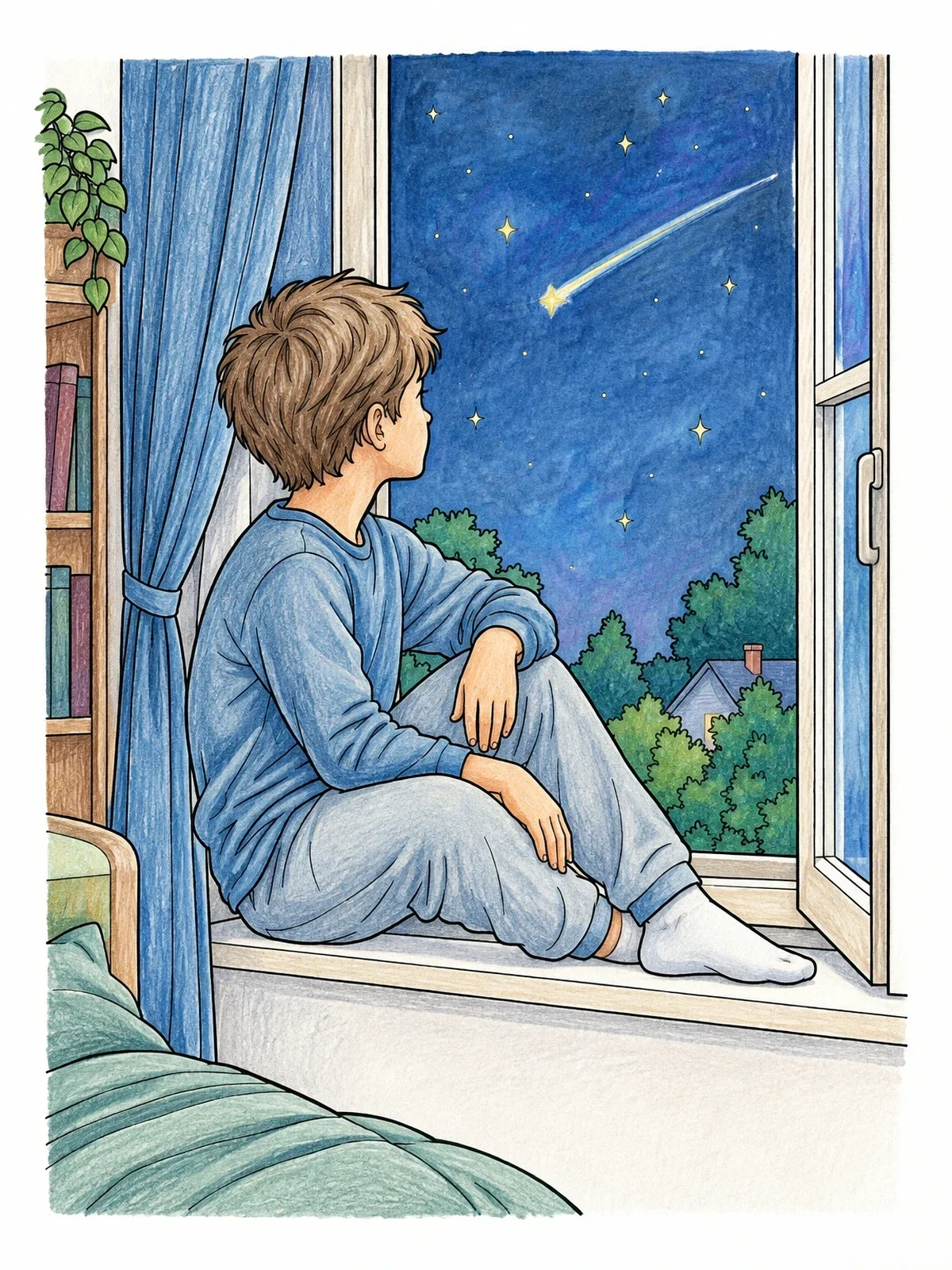 Colored example of the Boy Watching A Shooting Star coloring page