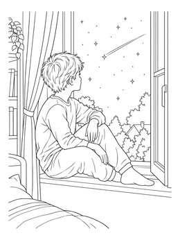 A boy rests on a windowsill in this shooting stars coloring page looking at the night sky.