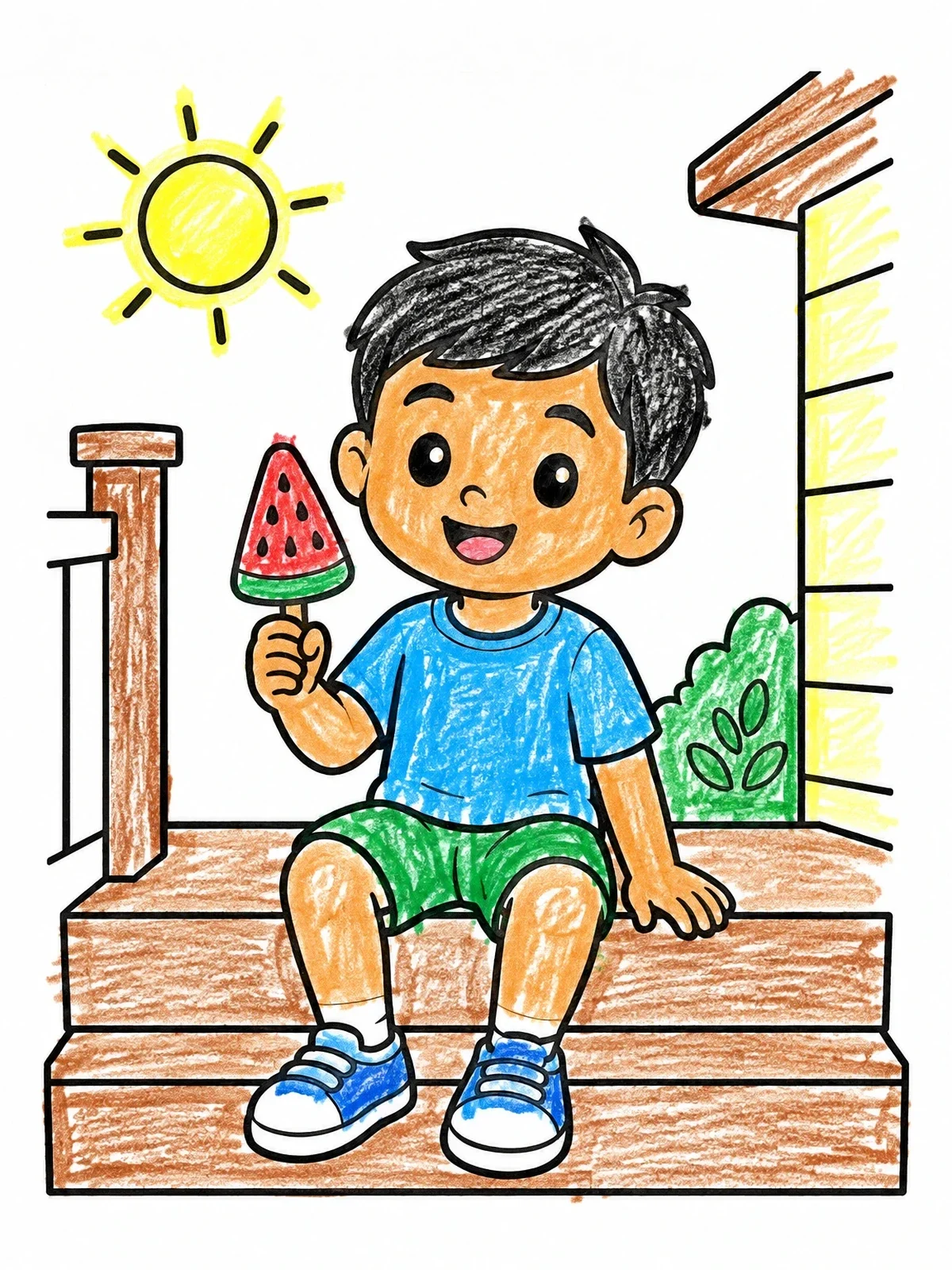 Colored example of the Boy With Watermelon Ice Pop coloring page