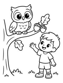 Free printable Little Boy Greeting A Baby Owl coloring page
