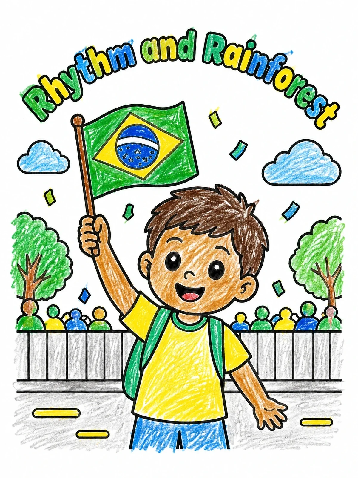 Colored example of the Boy Waving Brazilian Flag At Parade coloring page
