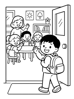 A cheerful boy with a backpack waves goodbye in this preschool coloring page.