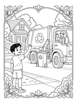 A cheerful boy waves to the recycling truck driver in this recycling coloring page.
