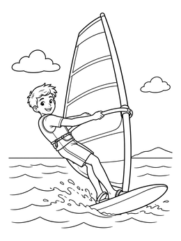 A cheerful boy balances on his board in this wind surfing coloring page.