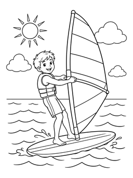 A cheerful boy balances on the waves in this wind surfing coloring page under a bright sun.