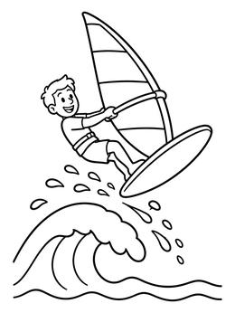 Free printable Boy Windsurfing Over An Ocean Wave coloring page