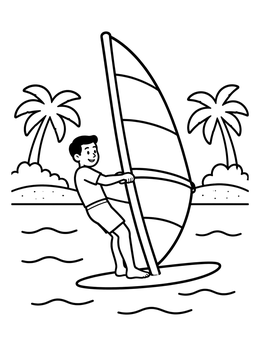 Free printable Boy Windsurfing By Tropical Beach coloring page