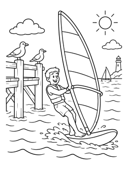 Free printable Boy Windsurfing By Wooden Pier coloring page
