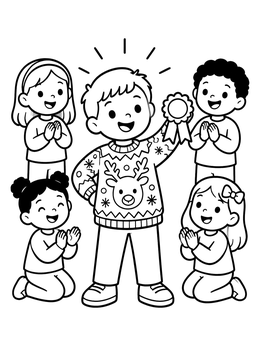 Kids cheering on this ugly sweater coloring page as a boy proudly shows his prize ribbon.