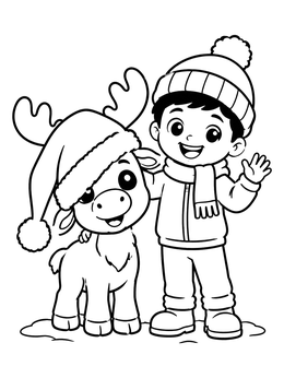 A friendly boy waving next to a little christmas moose coloring page in winter clothes.