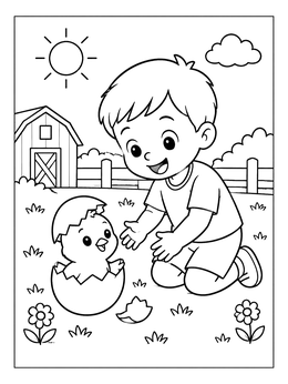 A cheerful boy watches a hatching chick on this baby coloring page set outside on a sunny farm.